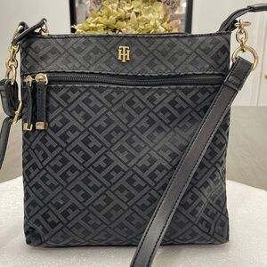 Tommy Hilfiger Black Monogram Crossbody Bag with Gold Hardware